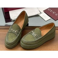 Gucci Women's Horsebit wedge loafer 794316 Forest green canvas 2025
