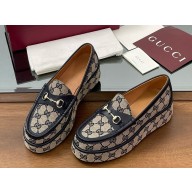 Gucci Women's Horsebit wedge loafer 794316 dark blue and beige Original GG canvas 2025
