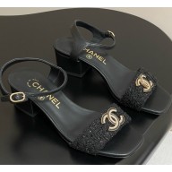 Chanel sandals tweed with cc logo black heel 4.5cm 2025