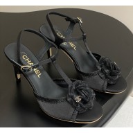 Chanel sandals satin with Camellia black heel 7.5cm 2025
