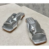 Bottega Veneta Riva Flat Mule sandal in shiny calfskin with padded tubular straps and twisted design silver 2025