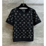Chanel T-shirt with logo and crystal black 2025