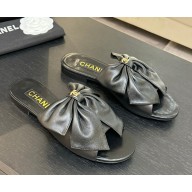 Chanel  Bow Leather Sandals With Crystal logo black 2025