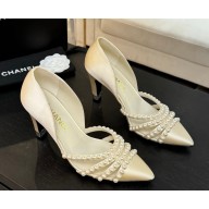Chanel pumps satin Pearl decoration ivory heel 8.5cm 2025