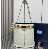 Prada Buckle leather bucket bag with jeweled belt 1BE085 White/Black 2025