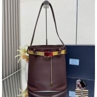 Prada Buckle leather bucket bag with jeweled belt 1BE085 burgundy 2025