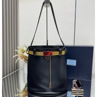 Prada Buckle leather bucket bag with jeweled belt 1BE085 Black 2025