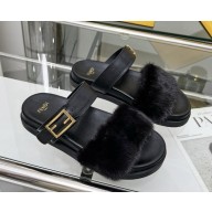 Fendi Feel leather and mink flat slides balck 2025