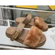 Fendi Feel leather and mink flat slides brown 2025