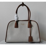 Prada medium linen-blend tote bag 1BG572 light beige / Cognac 2025