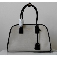 Prada medium linen-blend tote bag 1BG572 light beige / black 2025