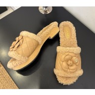 Chanel camellia slides lambskin & shearling with cc logo Beige 2025