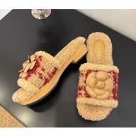 Chanel camellia slides tweed & shearling with cc logo beige / red 2025