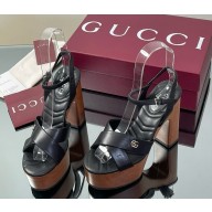 Gucci Women's platform sandal 835313 Black leather heel 13cm 2025
