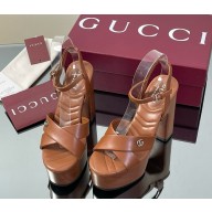 Gucci Women's platform sandal 835313 Brown leather heel 13cm 2025