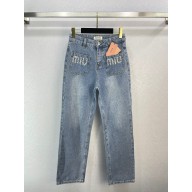miu miu Denim pants navy with crystal logo 2023