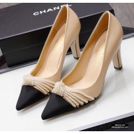 Chanel Heel 7.5cm Pearl Bow Grosgrain Pumps G36391 Beige 2021