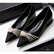 Chanel Heel 2cm Pearl Bow Grosgrain Ballerinas Black 2021