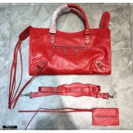 Balenciaga Classic City Medium Bag with Logo Strap Red