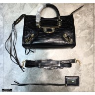 Balenciaga Classic City Small Bag Crocodile Embossed Calfskin Black/Gold