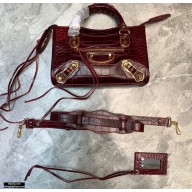 Balenciaga Classic City Mini Bag Crocodile Embossed Calfskin Burgundy/Gold