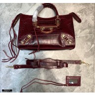 Balenciaga Classic City Small Bag Crocodile Embossed Calfskin Burgundy/Gold