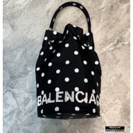 Balenciaga Wheel XS Drawstring Bucket Bag Nylon Polkadots Black