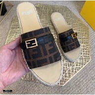 Fendi Brown Fabric Espadrilles Slides with FF Baguette 2021