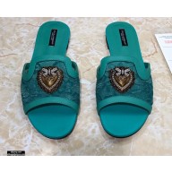 Dolce & Gabbana Lace Sliders Green with Devotion Heart 2021