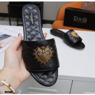 Dolce & Gabbana Leather Sliders Black with Devotion Heart 2021