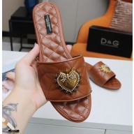 Dolce & Gabbana Leather Sliders Brown with Devotion Heart 2021