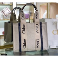 Chloe Medium Woody Tote Bag White/Full Blue in Cotton Canvas and Shiny Calfskin 2021