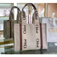 Chloe Medium Woody Tote Bag White/Brown in Cotton Canvas and Shiny Calfskin 2021