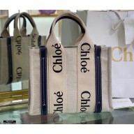 Chloe Small Woody Tote Bag White/Full Blue in Cotton Canvas and Shiny Calfskin 2021