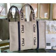 Chloe Large Woody Tote Bag White/Full Blue in Cotton Canvas and Shiny Calfskin 2021