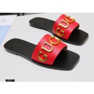 Gucci Gold Logo Slide Sandals Red 2021