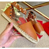 Valentino Grainy Calfskin Leather Rockstud Double Flat Espadrilles Brown 2021