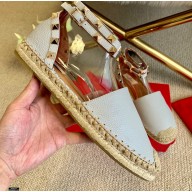 Valentino Grainy Calfskin Leather Rockstud Double Flat Espadrilles Pale Gray 2021