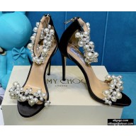 Jimmy Choo Heel 10cm Maisel Sandals Satin Black with Pearl Embellishment 2021