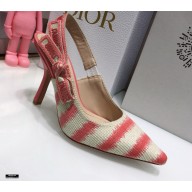 Dior Heel 9.5cm J'Adior Slingback Pumps D-Stripes Embroidered Cotton Pink 2021