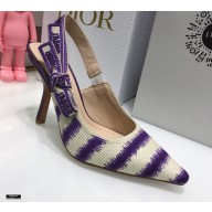 Dior Heel 9.5cm J'Adior Slingback Pumps D-Stripes Embroidered Cotton Purple 2021