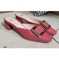 Roger Vivier Heel 4.5cm Belle Metal Buckle Mules in Leather Patent Pink 2021