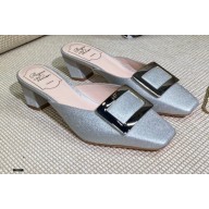 Roger Vivier Heel 4.5cm Belle Metal Buckle Mules in Leather Silver 2021