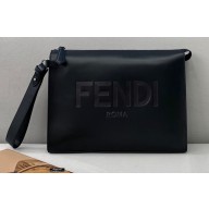 Fendi Roma Leather Flat Pouch Clutch Bag Black 2021