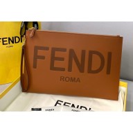 Fendi Leather Large Flat Pouch Clutch Bag Brown 2021