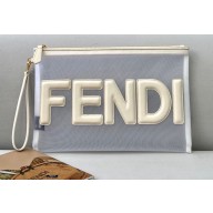 Fendi Micro-Mesh Large Flat Pouch Clutch Bag White 2021
