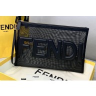 Fendi Micro-Mesh Large Flat Pouch Clutch Bag Black 2021