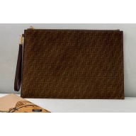 Fendi Leather Large Flat Pouch Clutch Bag FF Brown 2021