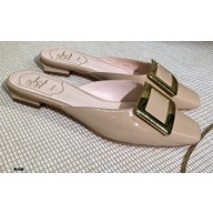 Roger Vivier Heel 2cm Belle Metal Buckle Mules in Leather Patent Nude 2021