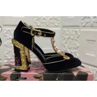 Dolce & Gabbana Heel 10.5cm T-strap Sandals Black with Pearls 2021